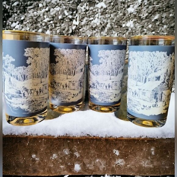 JUICE GLASSES WINTER WONDERLÀND  COBALT BLUE VINTAGE   Set of 6 6" - Picture 1 of 7